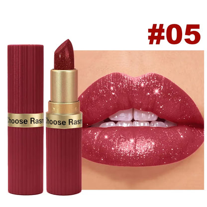 Pearlescent Pink Glitter Velvet Lipstick Metallic Waterproof Long Lasting Matte Shimmer Diamond Lipstick Women Makeup Cosmetic
