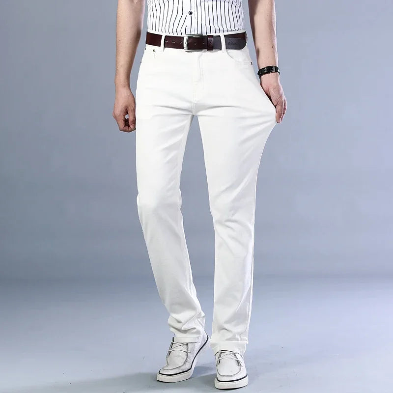 Men’s White Slim Fit Jeans – Elastic Straight Leg Business Casual Denim