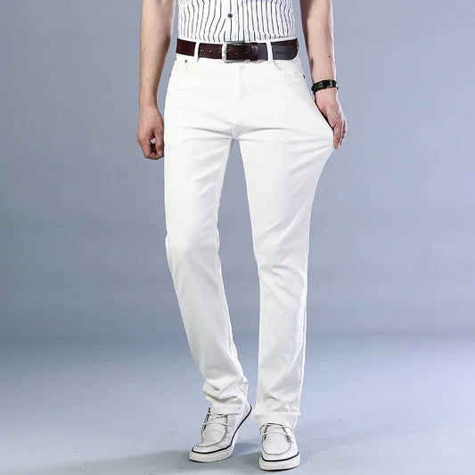 Men’s White Slim Fit Jeans – Elastic Straight Leg Business Casual Denim
