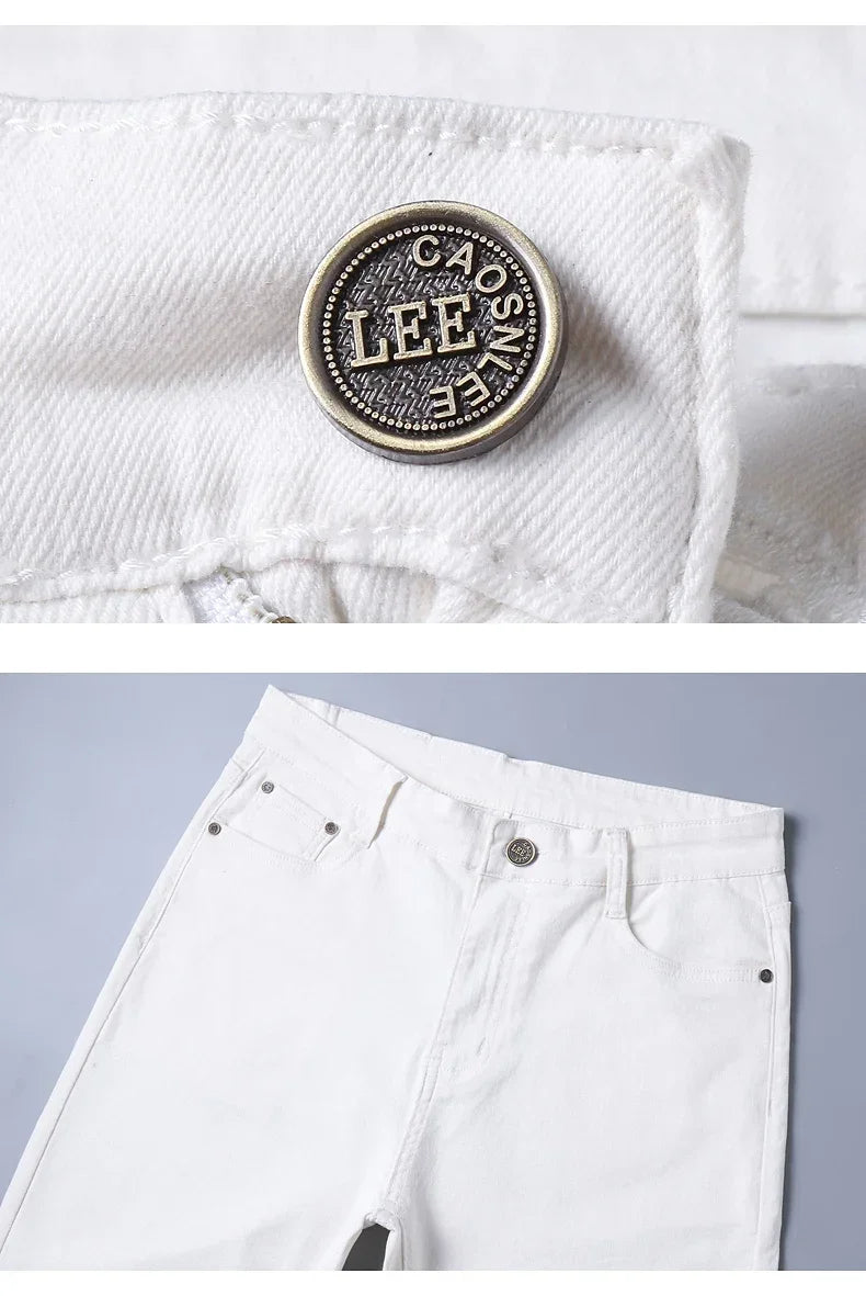 Men’s White Slim Fit Jeans – Elastic Straight Leg Business Casual Denim
