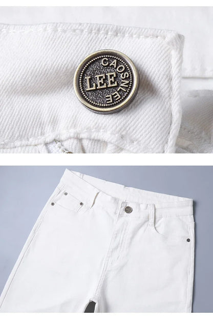 Men’s White Slim Fit Jeans – Elastic Straight Leg Business Casual Denim